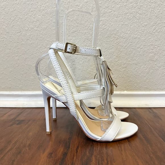 BRIAN ATWOOD Ankle Strap Heeled Sandals Fringes in White Leather - Picture 1 of 13